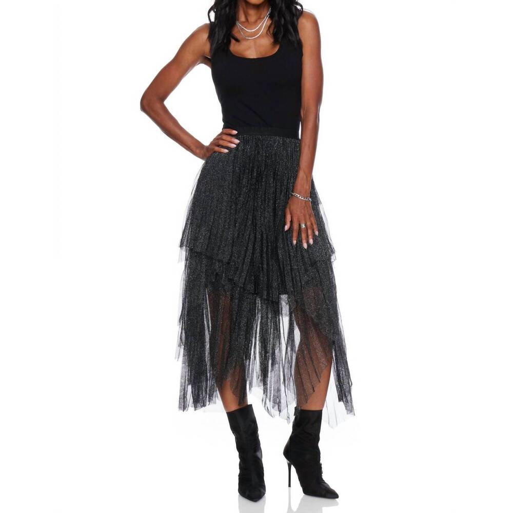 NEW MIOU MUSE metallic mesh pleated skirt in black - Picture 2 of 4
